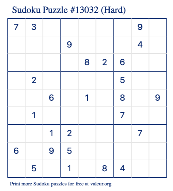 Free Printable Hard Sudoku Puzzle number 13032
