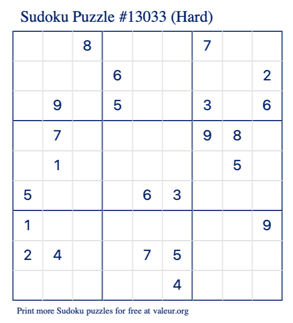 Free Printable Hard Sudoku Puzzle number 13033
