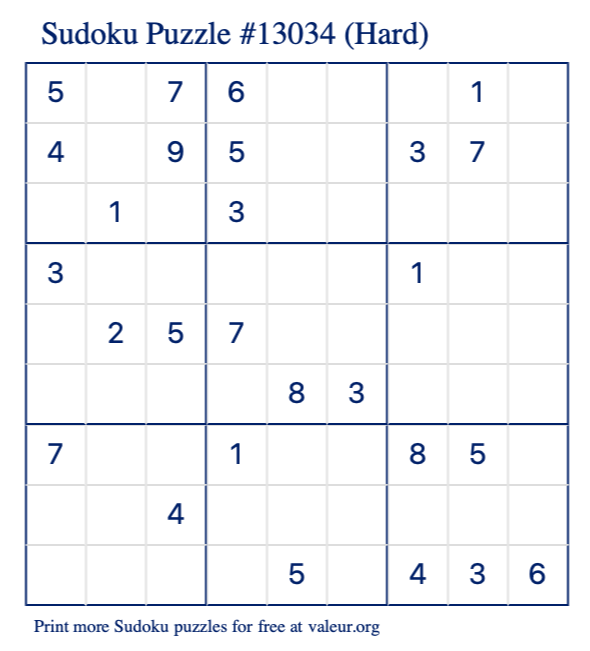 Free Printable Hard Sudoku Puzzle number 13034