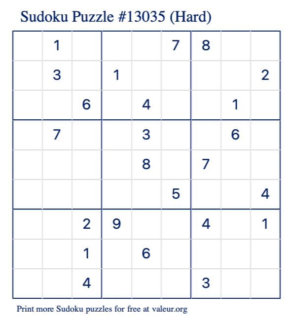 Free Printable Hard Sudoku Puzzle number 13035
