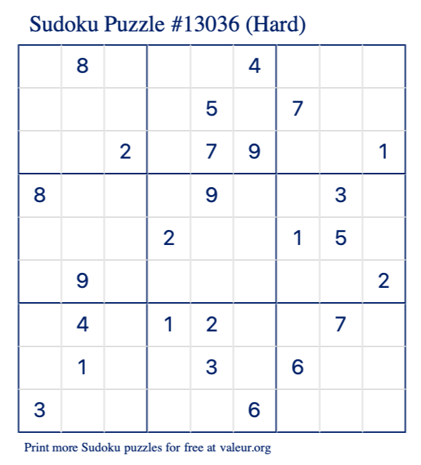 Free Printable Hard Sudoku Puzzle number 13036