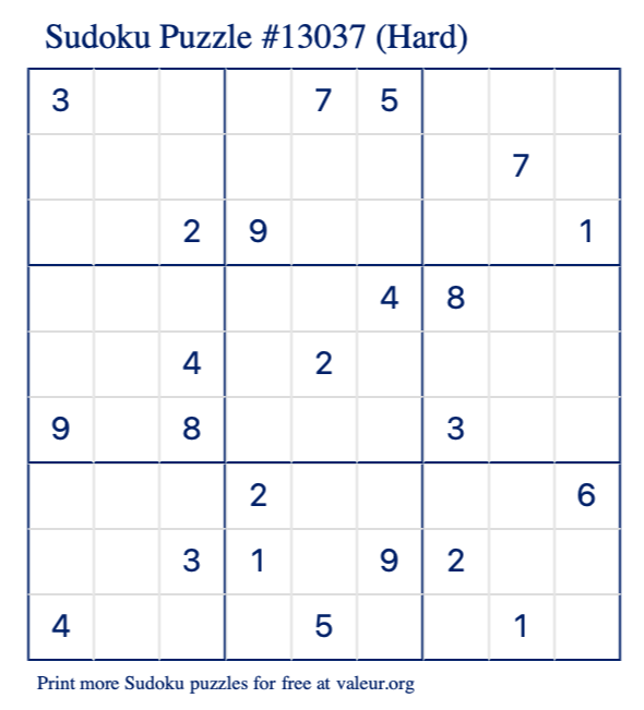 Free Printable Hard Sudoku Puzzle number 13037
