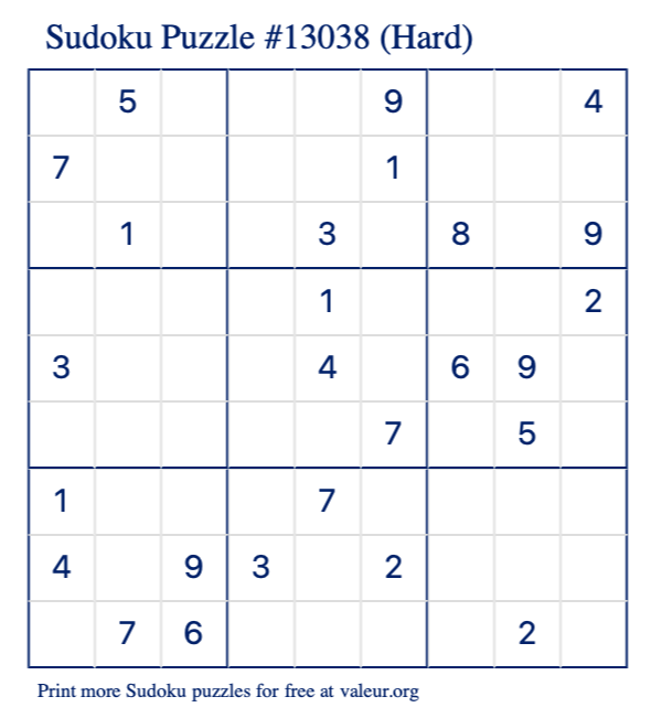 Free Printable Hard Sudoku Puzzle number 13038