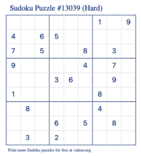 Free Printable Hard Sudoku Puzzle number 13039