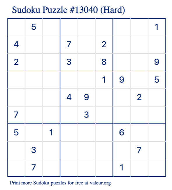 Free Printable Hard Sudoku Puzzle number 13040