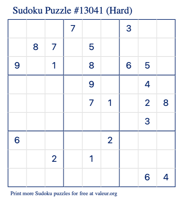 Free Printable Hard Sudoku Puzzle number 13041