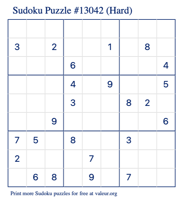 Free Printable Hard Sudoku Puzzle number 13042