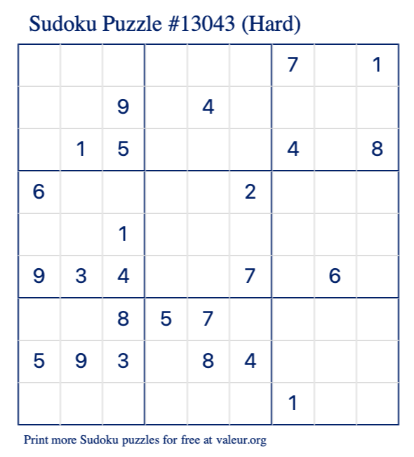 Free Printable Hard Sudoku Puzzle number 13043