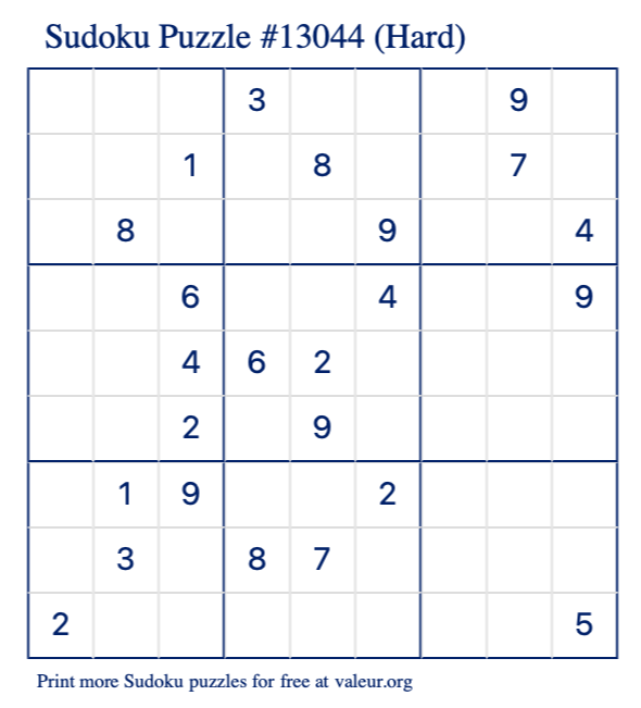 Free Printable Hard Sudoku Puzzle number 13044