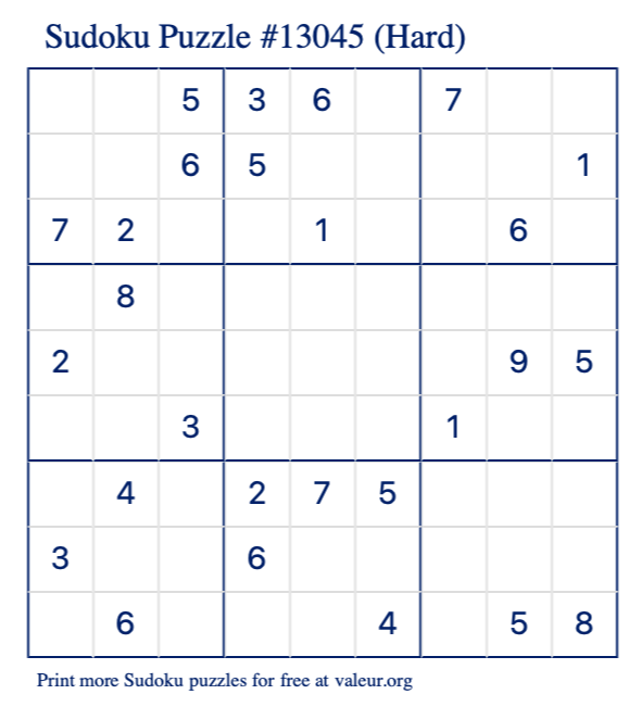 Free Printable Hard Sudoku Puzzle number 13045