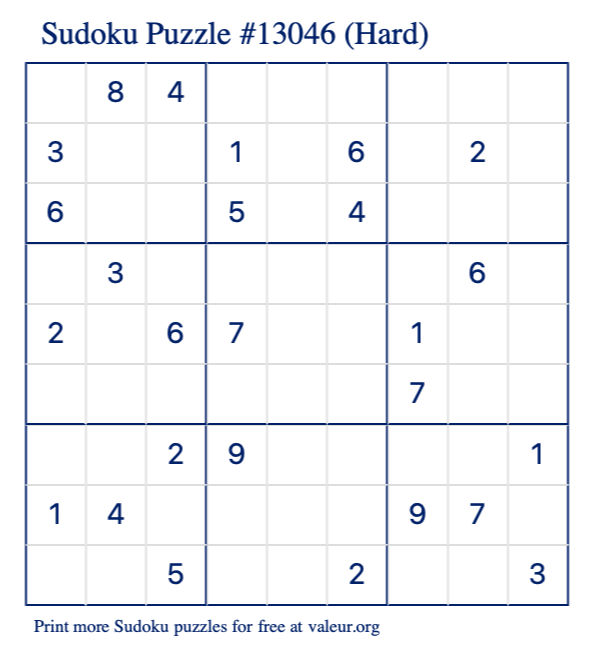 Free Printable Hard Sudoku Puzzle number 13046