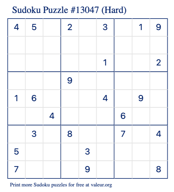 Free Printable Hard Sudoku Puzzle number 13047