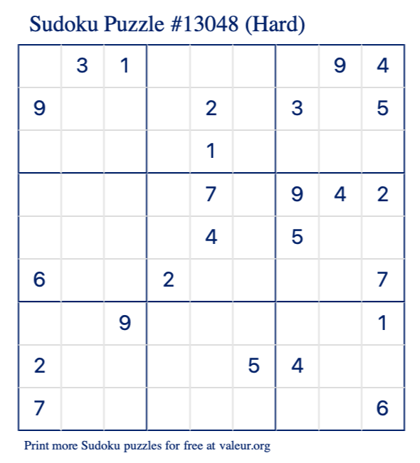Free Printable Hard Sudoku Puzzle number 13048