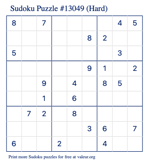 Free Printable Hard Sudoku Puzzle number 13049