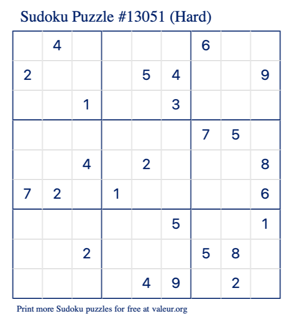 Free Printable Hard Sudoku Puzzle number 13051