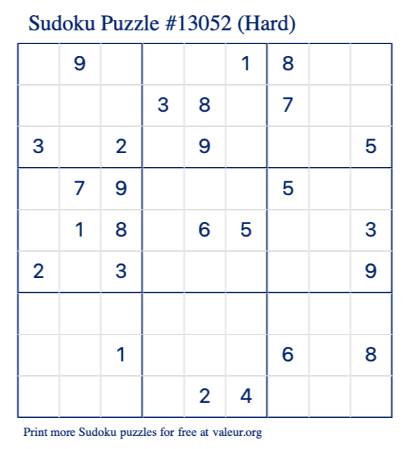 Free Printable Hard Sudoku Puzzle number 13052