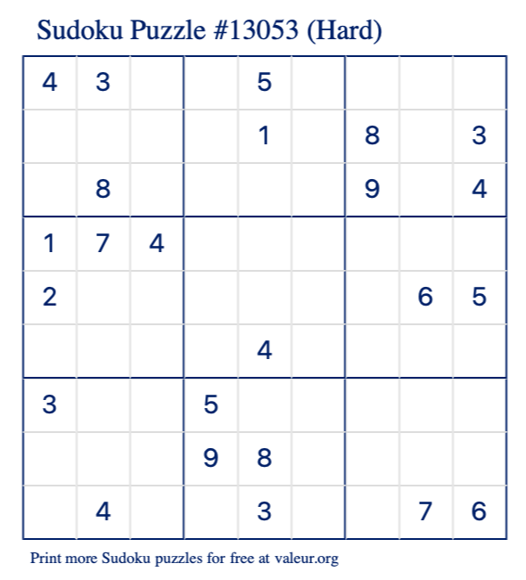 Free Printable Hard Sudoku Puzzle number 13053