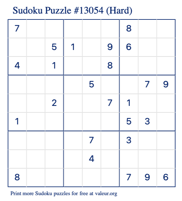 Free Printable Hard Sudoku Puzzle number 13054