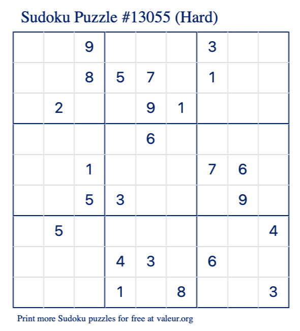 Free Printable Hard Sudoku Puzzle number 13055