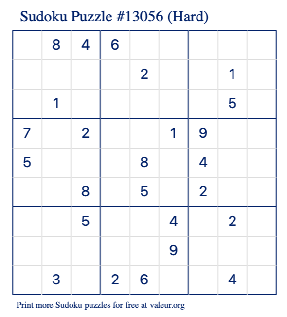 Free Printable Hard Sudoku Puzzle number 13056