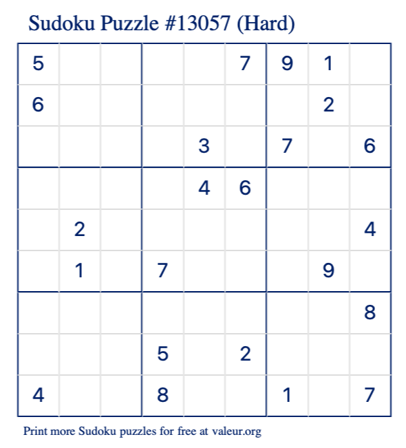 Free Printable Hard Sudoku Puzzle number 13057