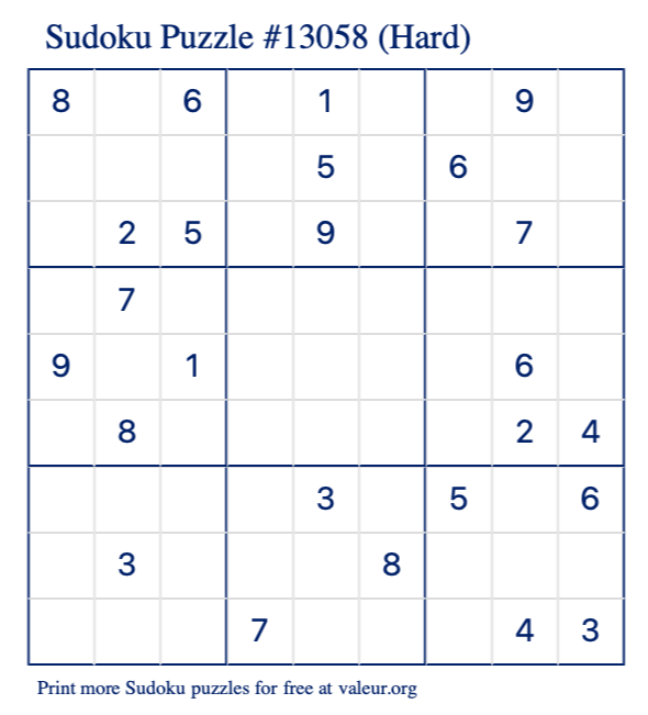 Free Printable Hard Sudoku Puzzle number 13058