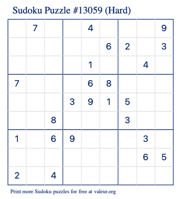 Free Printable Hard Sudoku Puzzle number 13059