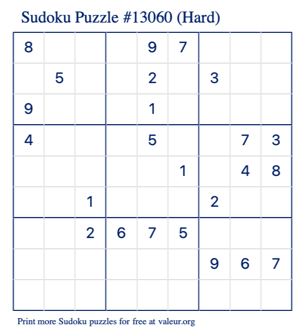 Free Printable Hard Sudoku Puzzle number 13060