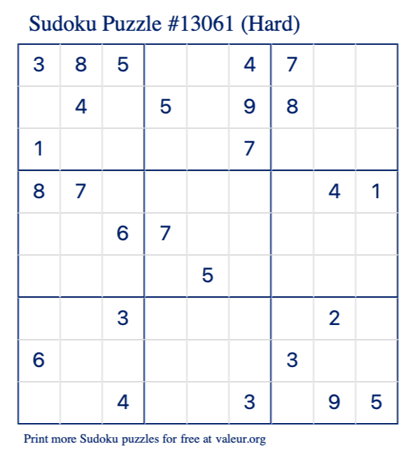 Free Printable Hard Sudoku Puzzle number 13061