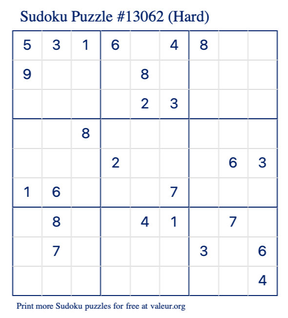 Free Printable Hard Sudoku Puzzle number 13062