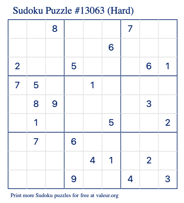 Free Printable Hard Sudoku Puzzle number 13063