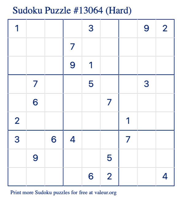 Free Printable Hard Sudoku Puzzle number 13064