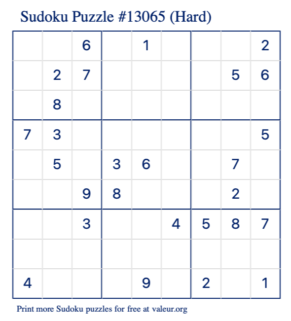 Free Printable Hard Sudoku Puzzle number 13065