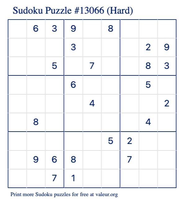 Free Printable Hard Sudoku Puzzle number 13066