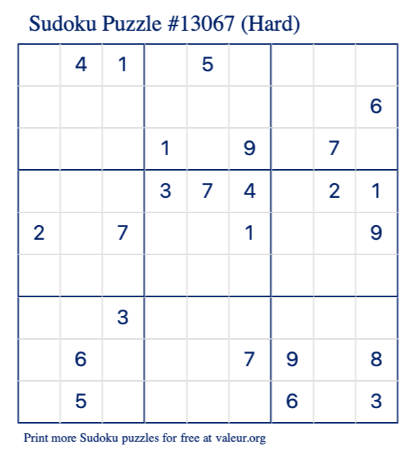 Free Printable Hard Sudoku Puzzle number 13067