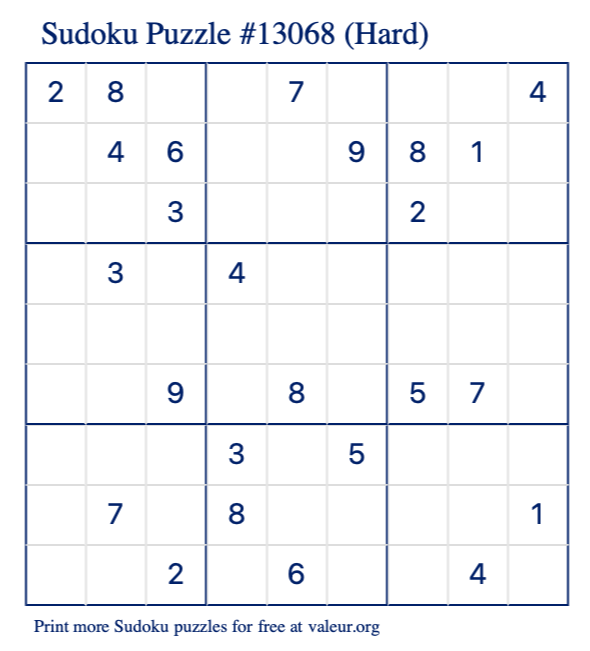 Free Printable Hard Sudoku Puzzle number 13068