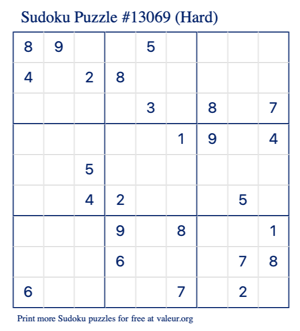 Free Printable Hard Sudoku Puzzle number 13069