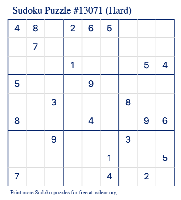 Free Printable Hard Sudoku Puzzle number 13071