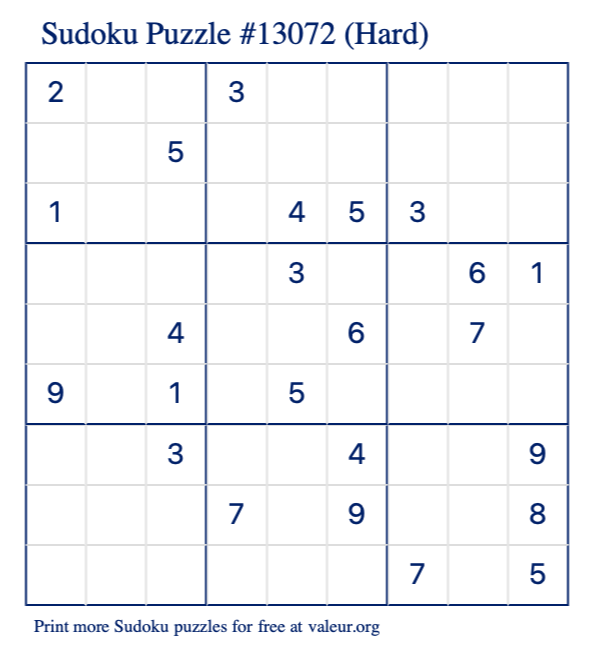 Free Printable Hard Sudoku Puzzle number 13072