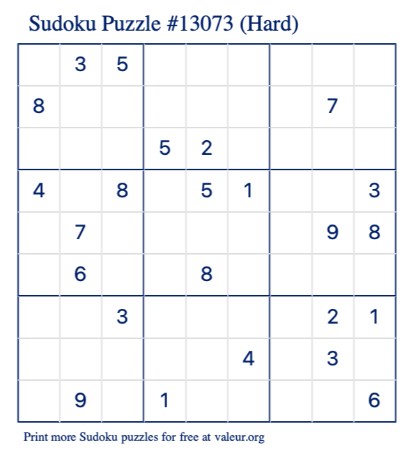 Free Printable Hard Sudoku Puzzle number 13073