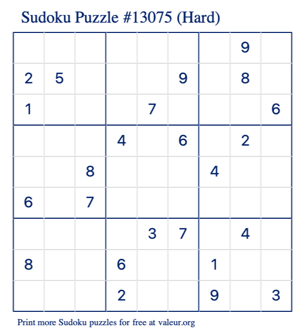 Free Printable Hard Sudoku Puzzle number 13075