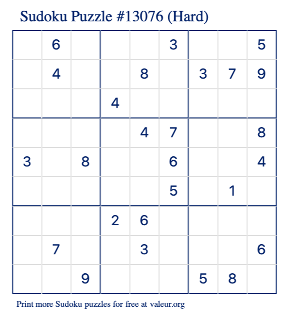 Free Printable Hard Sudoku Puzzle number 13076