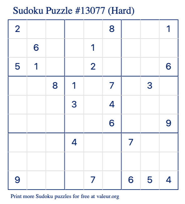 Free Printable Hard Sudoku Puzzle number 13077