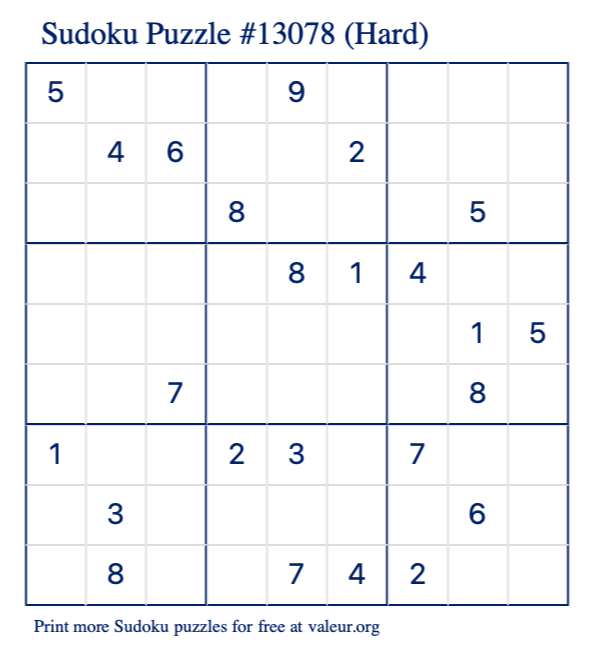 Free Printable Hard Sudoku Puzzle number 13078