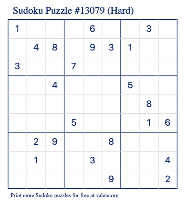 Free Printable Hard Sudoku Puzzle number 13079