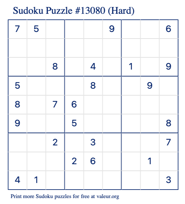 Free Printable Hard Sudoku Puzzle number 13080