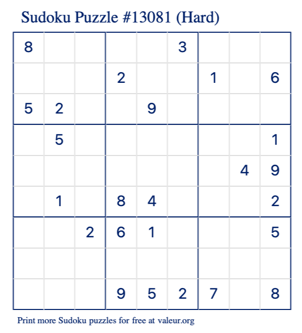 Free Printable Hard Sudoku Puzzle number 13081