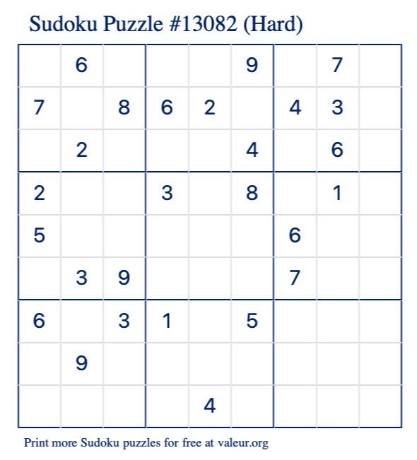 Free Printable Hard Sudoku Puzzle number 13082