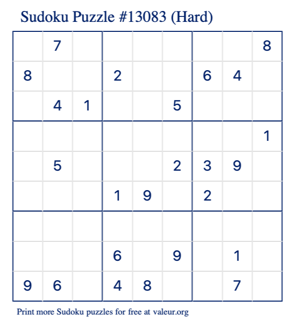 Free Printable Hard Sudoku Puzzle number 13083