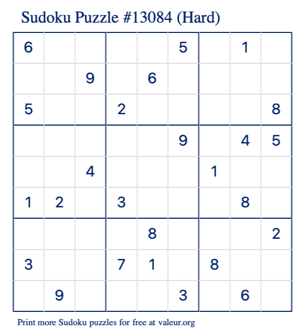 Free Printable Hard Sudoku Puzzle number 13084